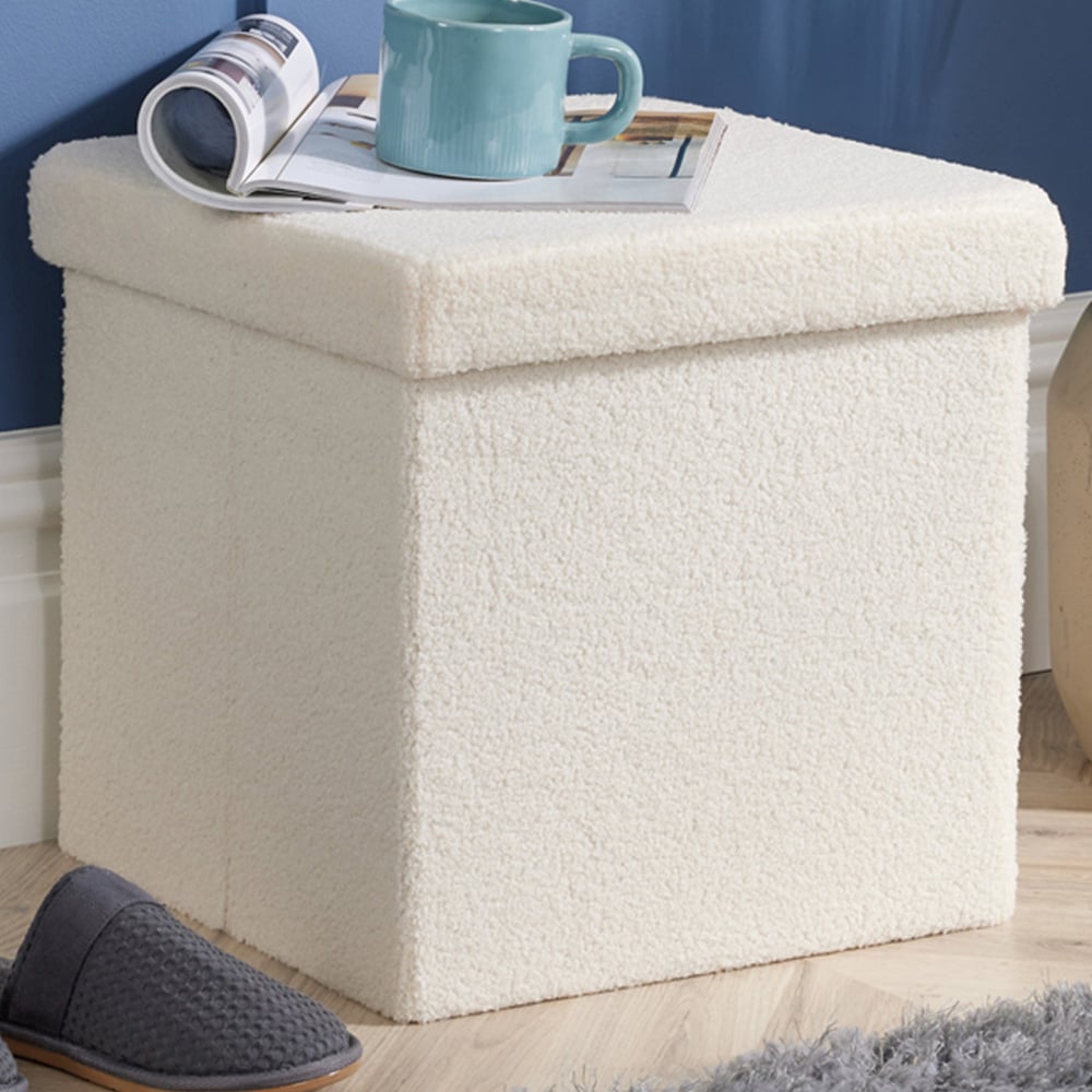 Home Source Cream Teddy Fur Folding Ottoman Image 1