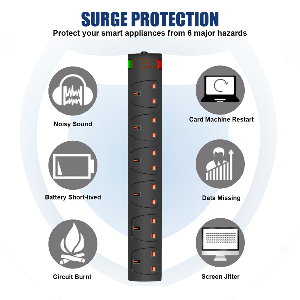 ExtraStar Black 13A 2m 6 Socket Surge Protected Extension Lead Image 2