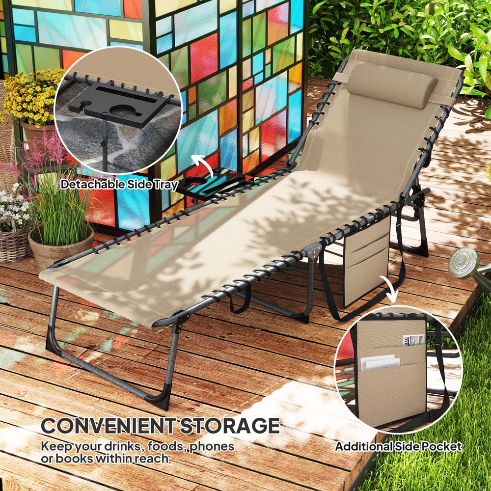 Outsunny Beige 5 Level Adjustable Folding Sun Lounger with Side Table Image 6