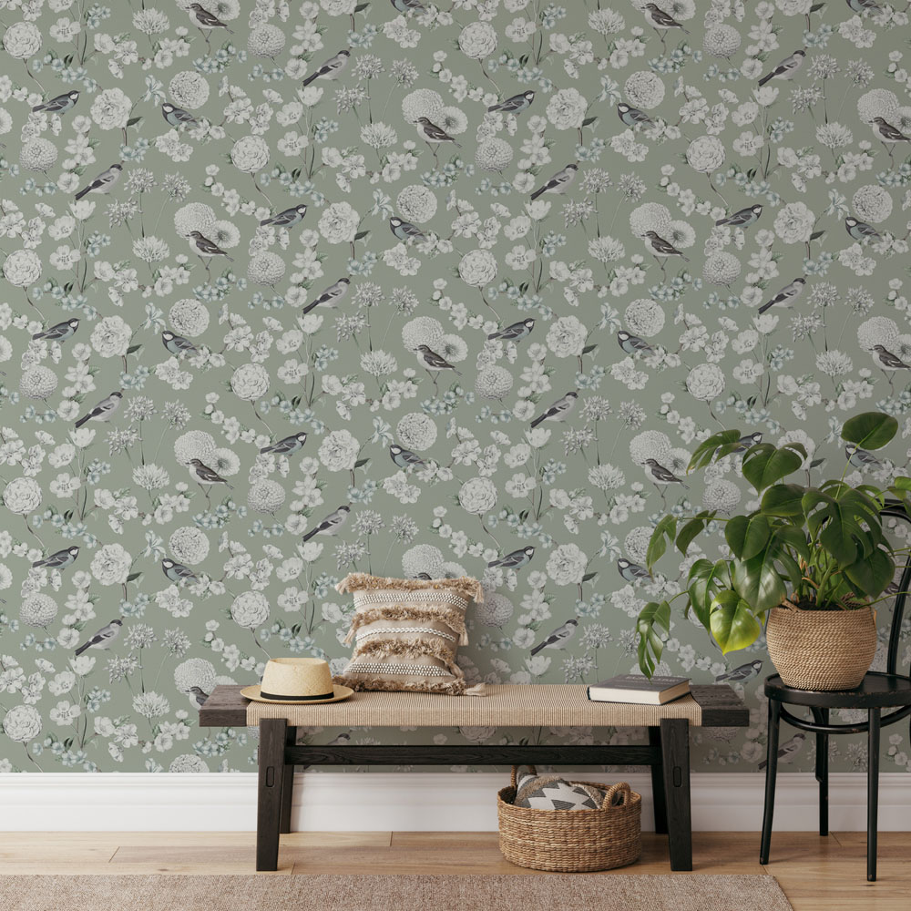 Muriva Avery Floral Green Wallpaper Image 4