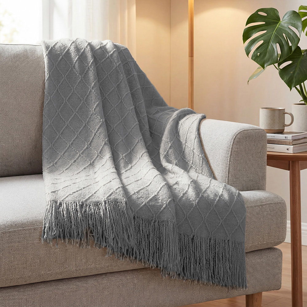 Living and Home Light Grey Diamond Knit Throw Blanket with Tassels 130 x 170cm Image 7