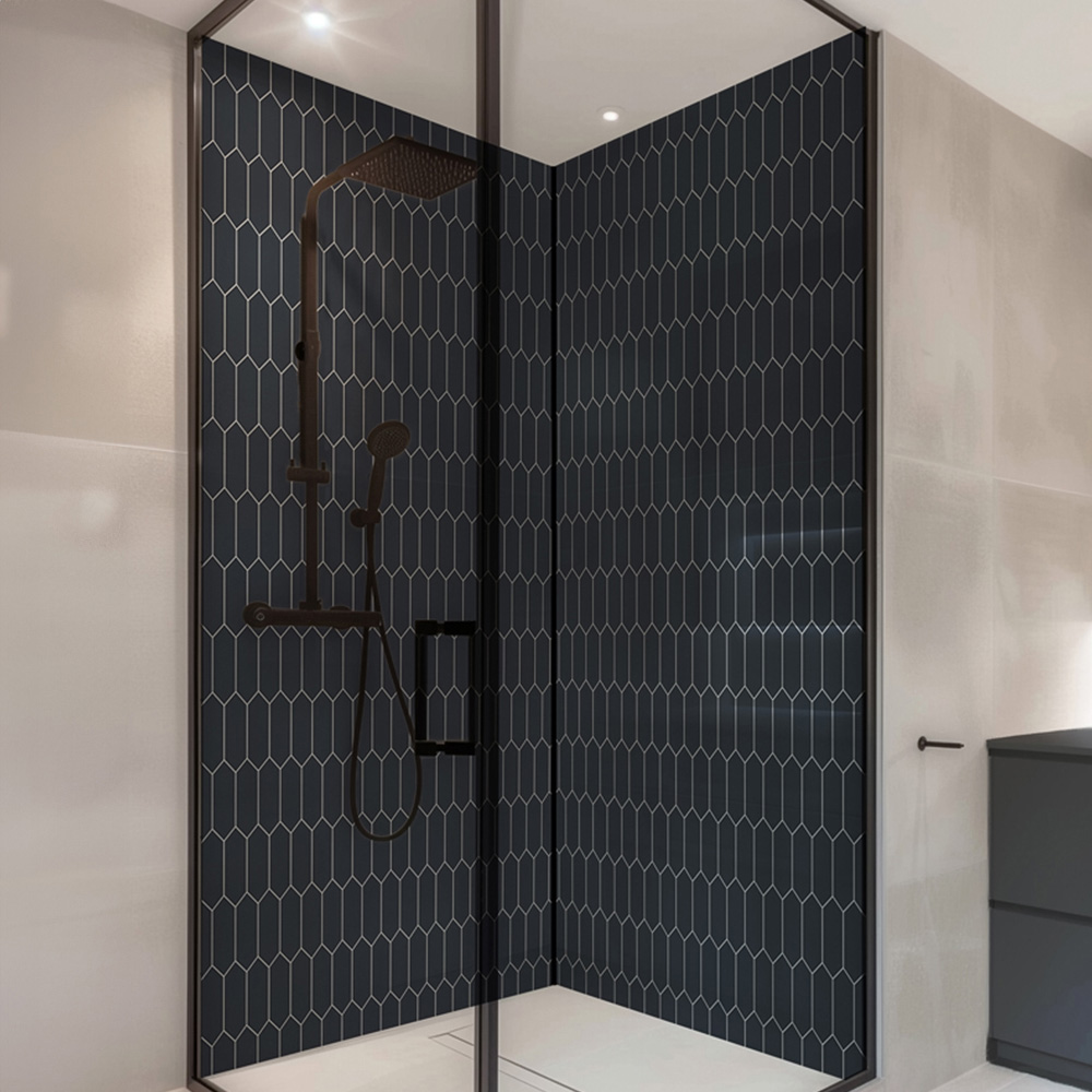 Splashbax Premium Artisan Elongated Hexagon Oxford Blue Acrylic Bathroom Wall Panel 2400 x 900mm Image 1