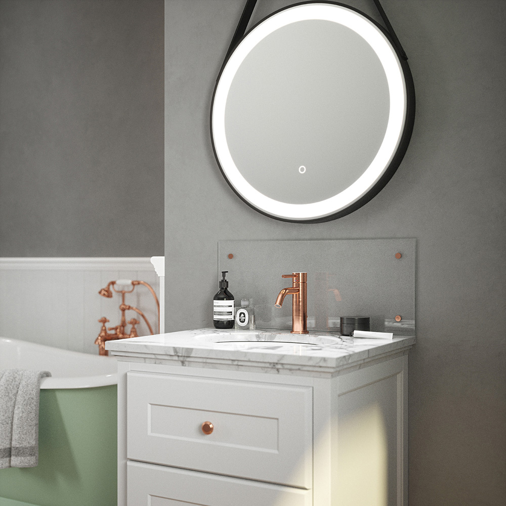 Splashback Crystal Clear Toughened Glass Bathroom Splashback with Brushed Copper Caps 250 x 500mm Image 2