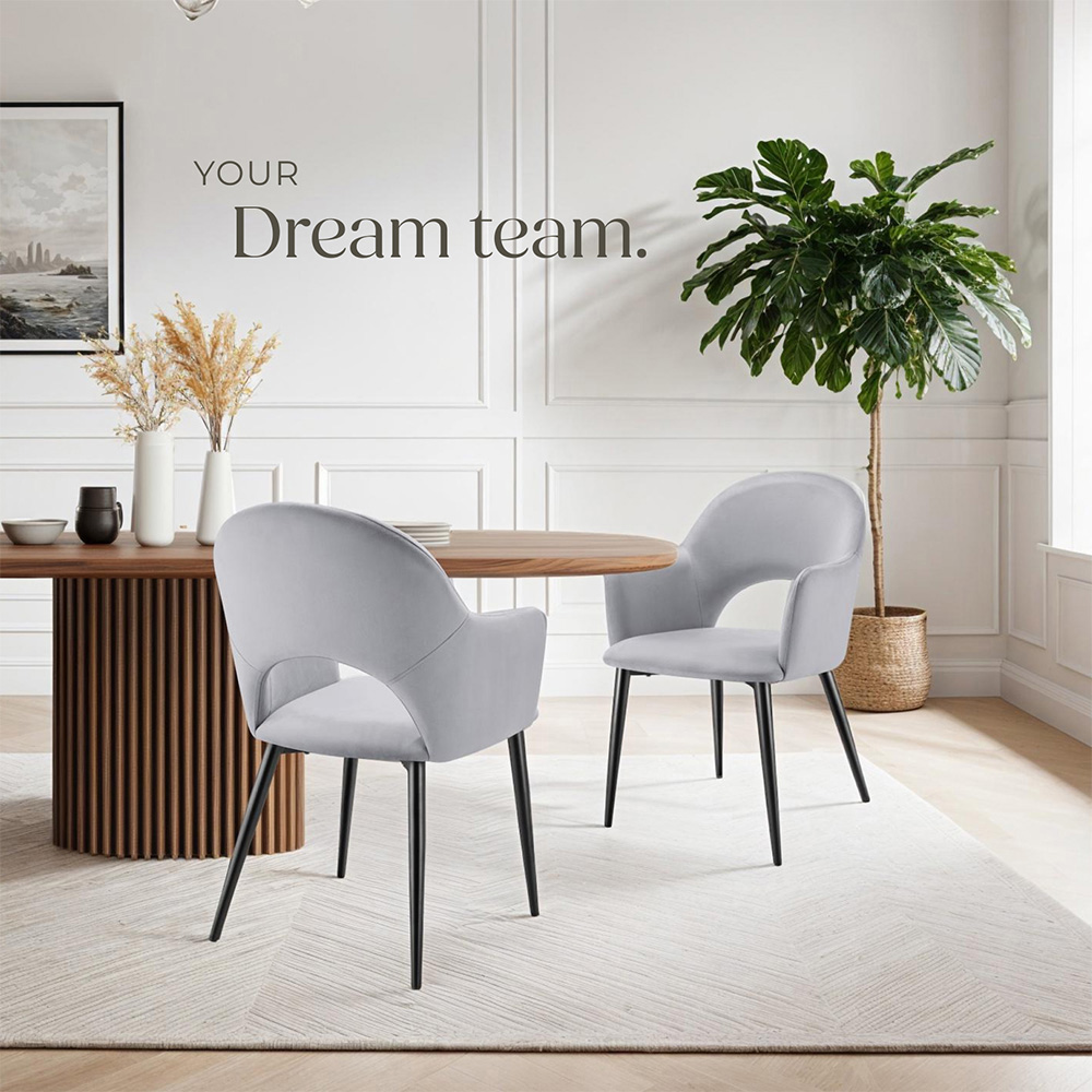 tectake Sasha Set of 2 Light Grey Velvet Dining Chair Image 3