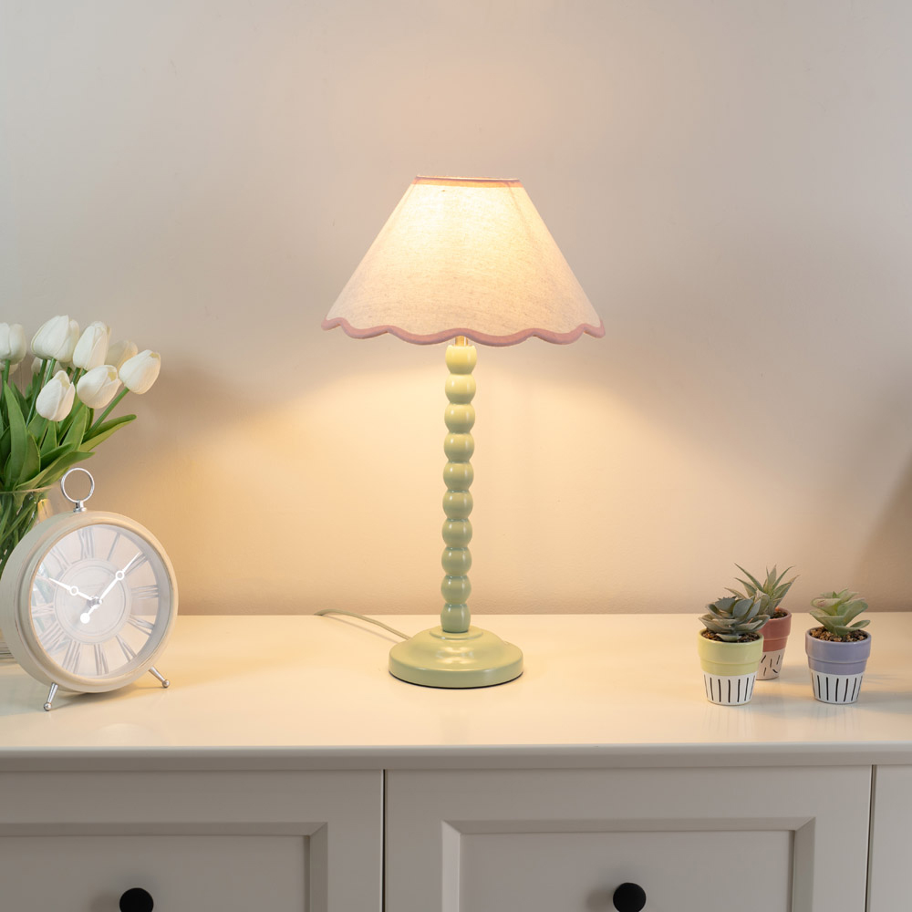 ValueLights Bobbins Natural and Pink Scallop Shade Sage Green LED Table Lamp Image 2