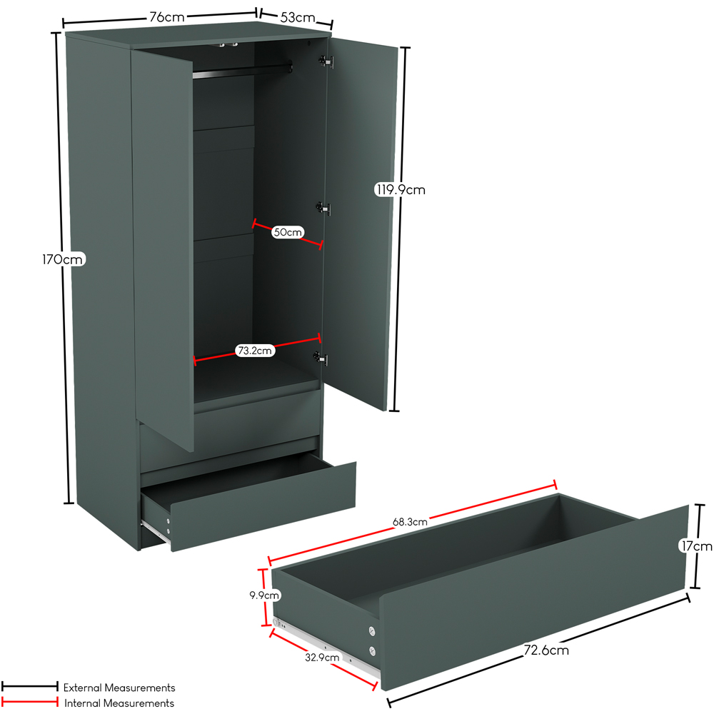 Vida Designs Denver Jasper Green 2 Door 2 Drawer Wardrobe Image 7