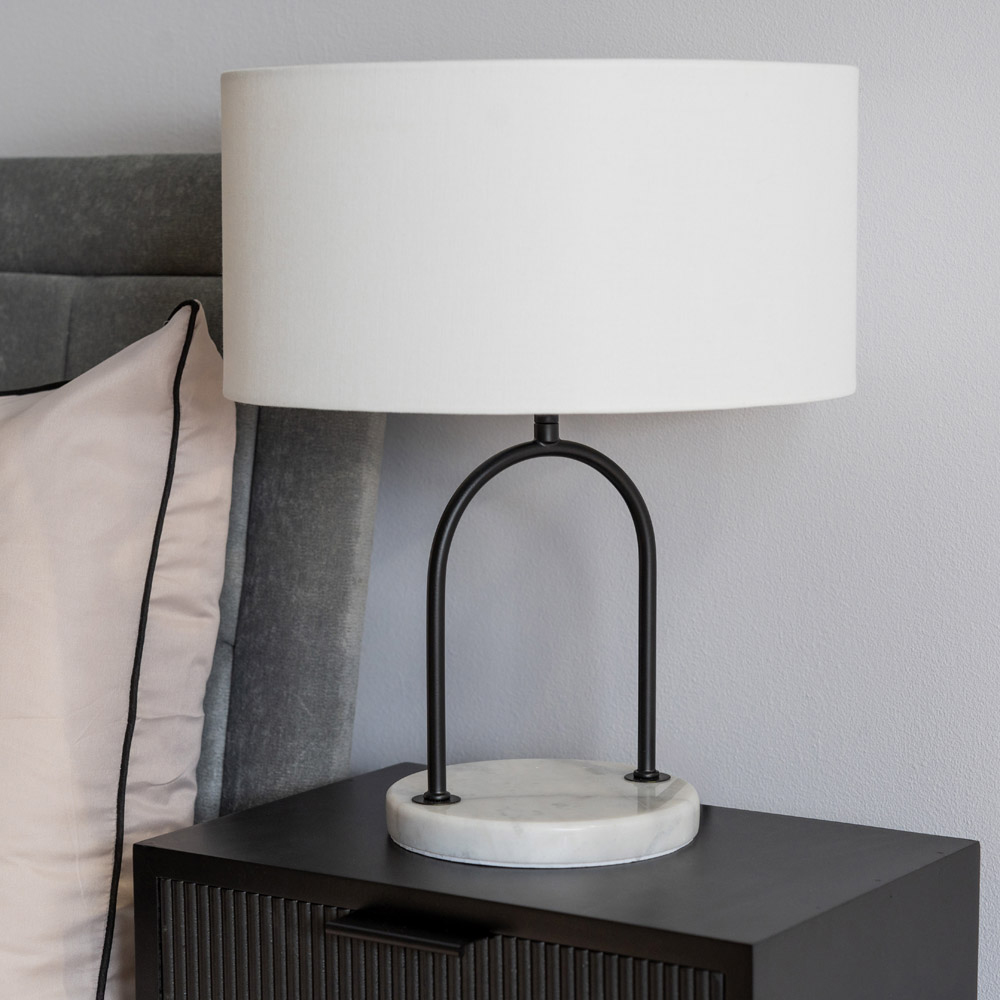ValueLights Rachel White Linen Lamp Shade Black Arch Marble Base LED Table Lamp Image 3