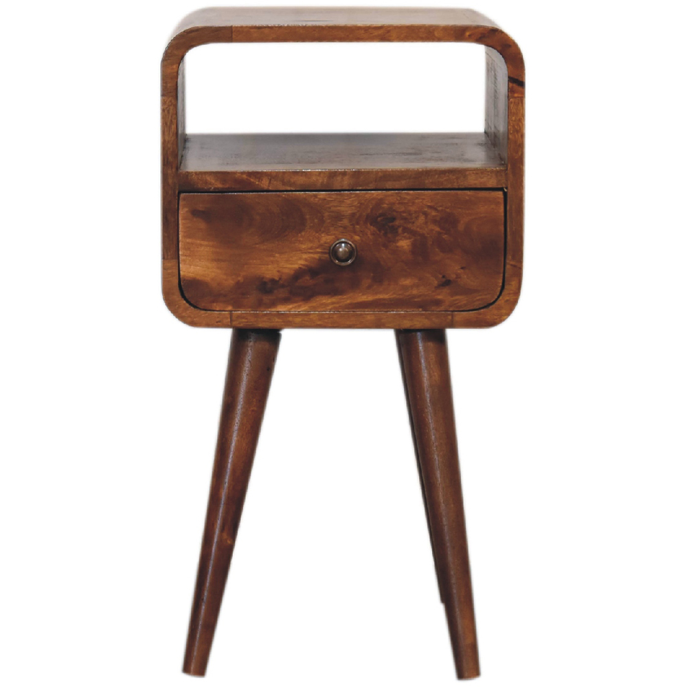 Artisan Furniture Mini Chestnut Single Drawer Single Shelf Mango Wood Curved Open Bedside Table Image 2