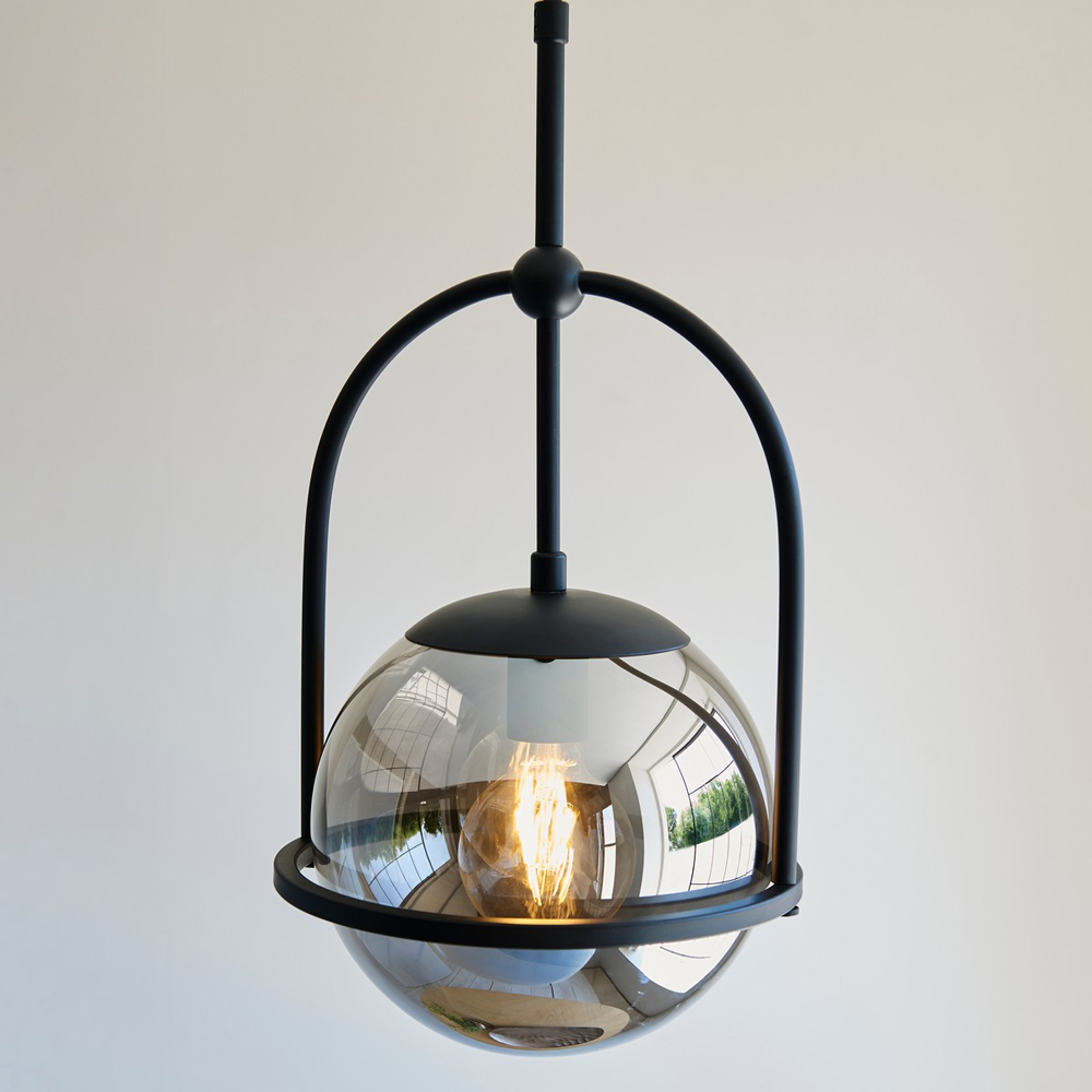 Merano Trieste Smoked Mirror Glass Matt Black Single Globe Pendant Ceiling Light Image 5