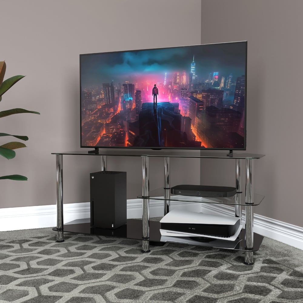 AVF Classic 3 Shelf Black Glass and Chrome Corner TV Stand Image 5