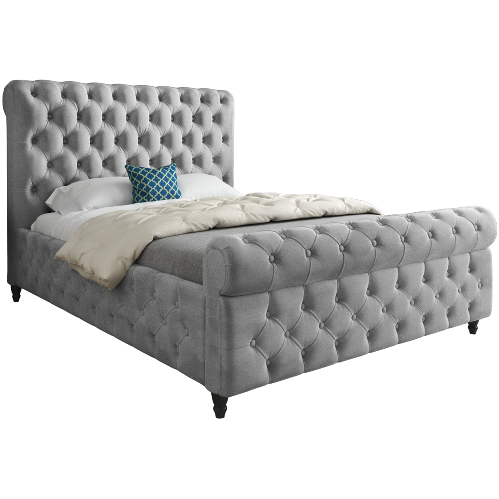 Savana Small Single Grey Soft Velvet Upholstered Sleigh Bed Frame with Scrolled Headboard Image 2