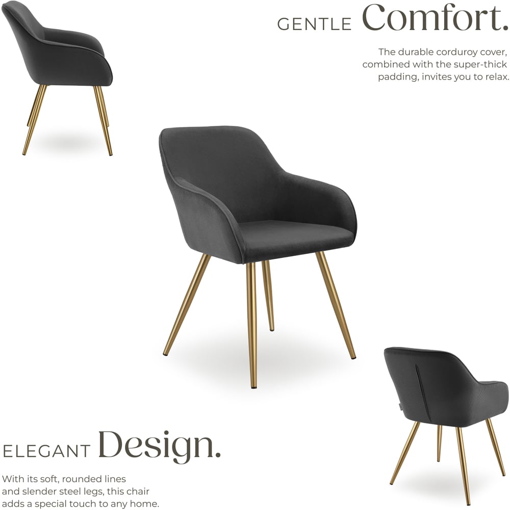 tectake Marilyn Set of 2 Anthracite and Gold Corduroy Padded Dining Chair Image 5