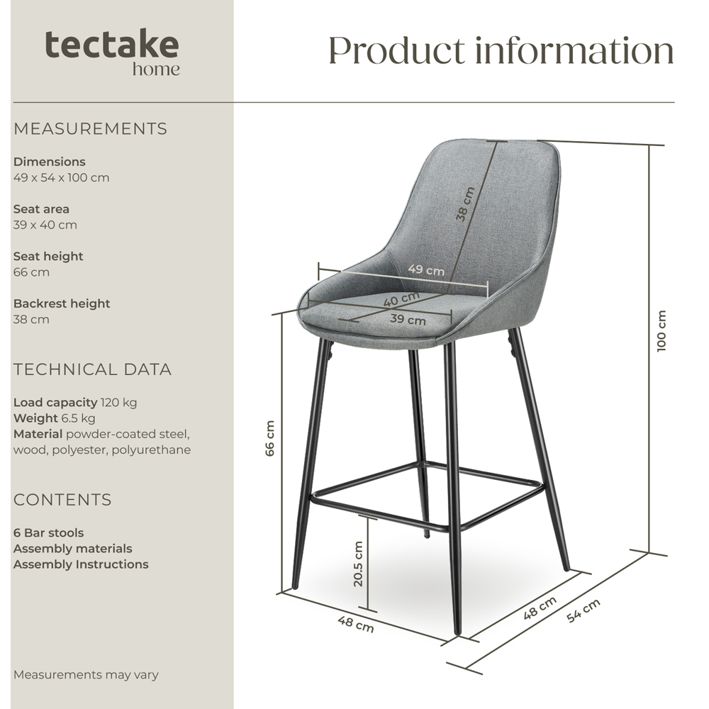 tectake Siera Grey and Black Woven Fabric Bar Stool Set of 6 Image 8