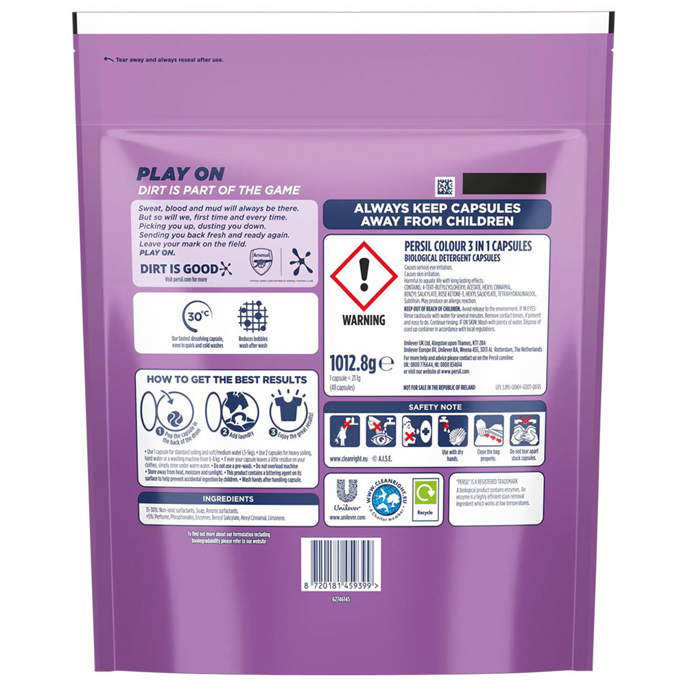 Persil Colour Protect 3 in 1 Washing Capsules 48 Washes 1.012kg 4 Pack Image 3