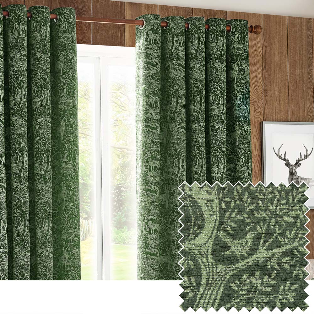 furn. Winter Woods Emerald Animal Chenille Eyelet Curtains 168 x 183cm Image 2