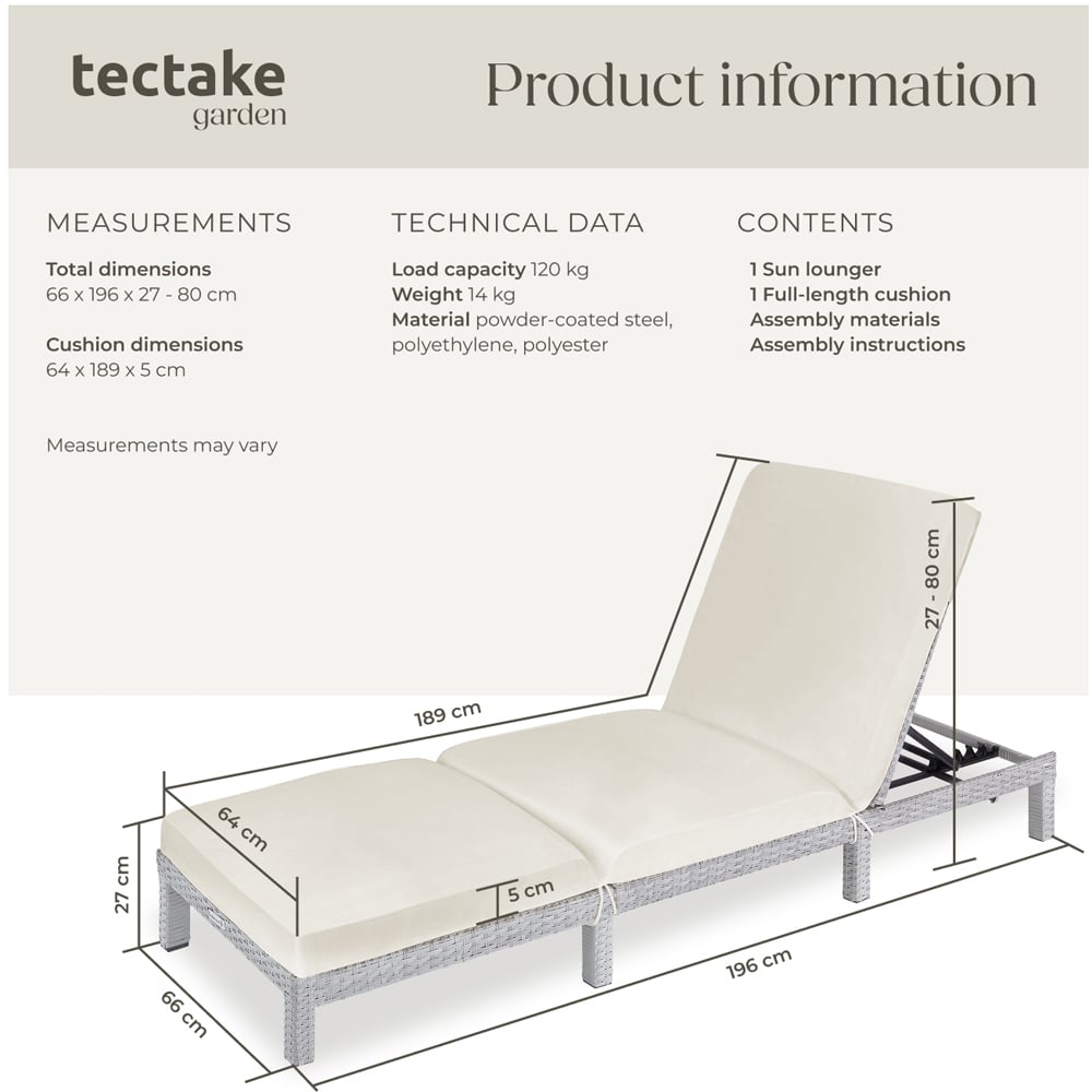 tectake Sofia Light Grey 6 Level Adjustable Backrest Sun Lounger Image 9
