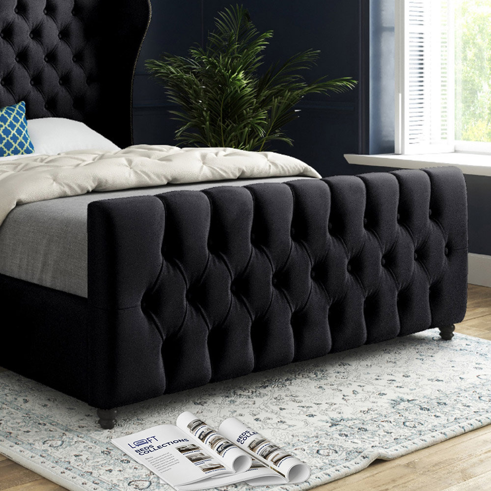 Donati Black Double Velvet Upholstered Bed Frame with Straight Curved Top Headboard Image 4