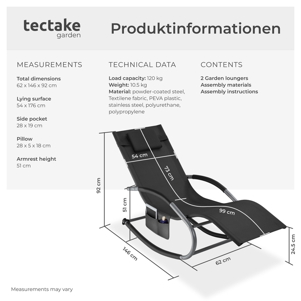 tectake Taya Set of 2 Black Rocking Sun Lounger Image 9