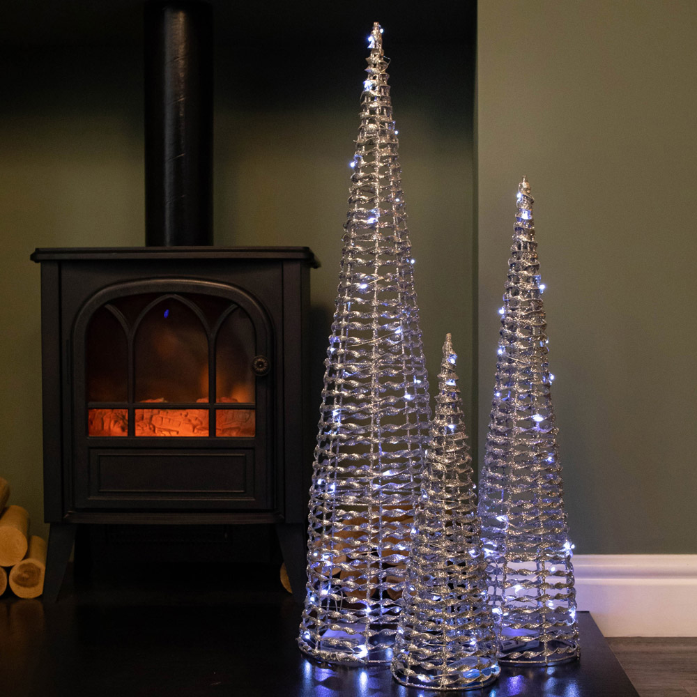 Samuel Alexander Cool White LED Pre Lit Silver Glitter Twist Cone Christmas Tree Set of 3 Image 4