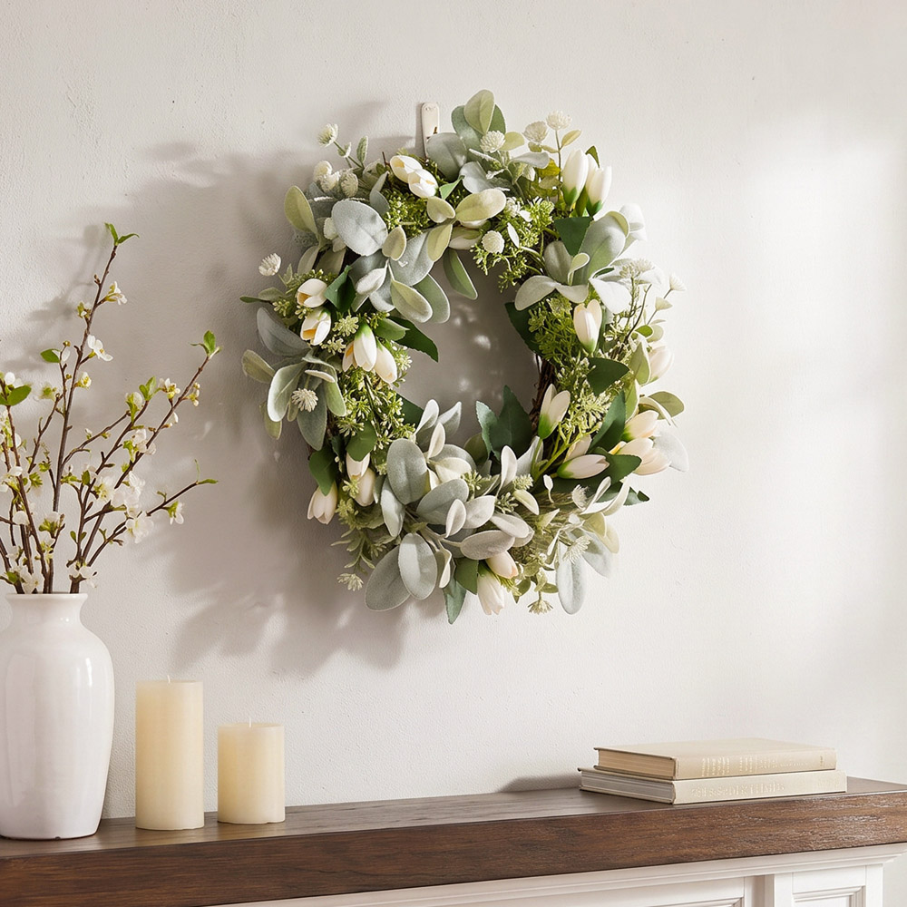 Living and Home Artificial Tulip Rustic Door Wreath with Green Leaves 43cm Image 7