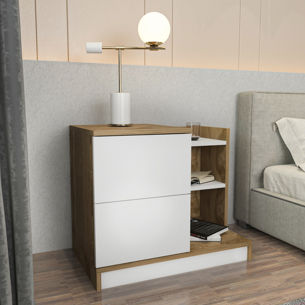 Decorotika Rena 2 Door 3 Shelf White and Oud Bedside Table Image 4