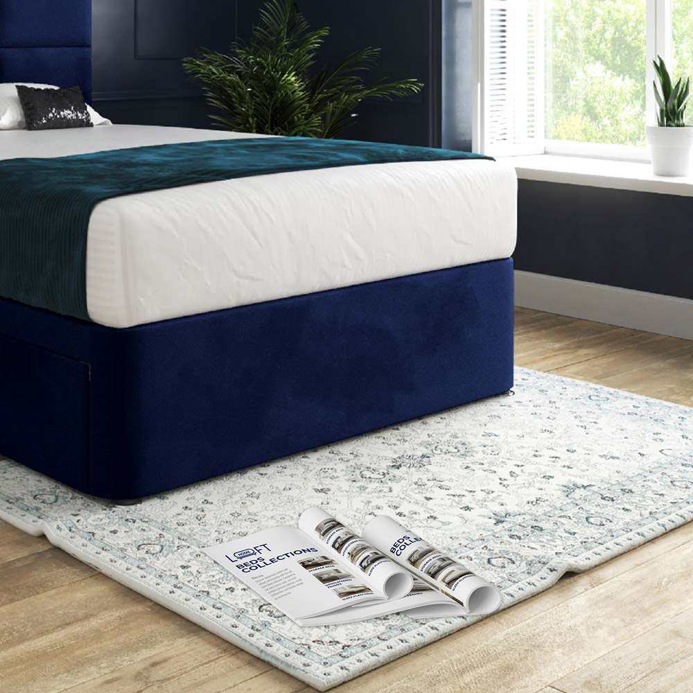 Caprio Blue Super King Size Upholstered Divan Bed Frame with Floorstanding Cube Headboard Image 4
