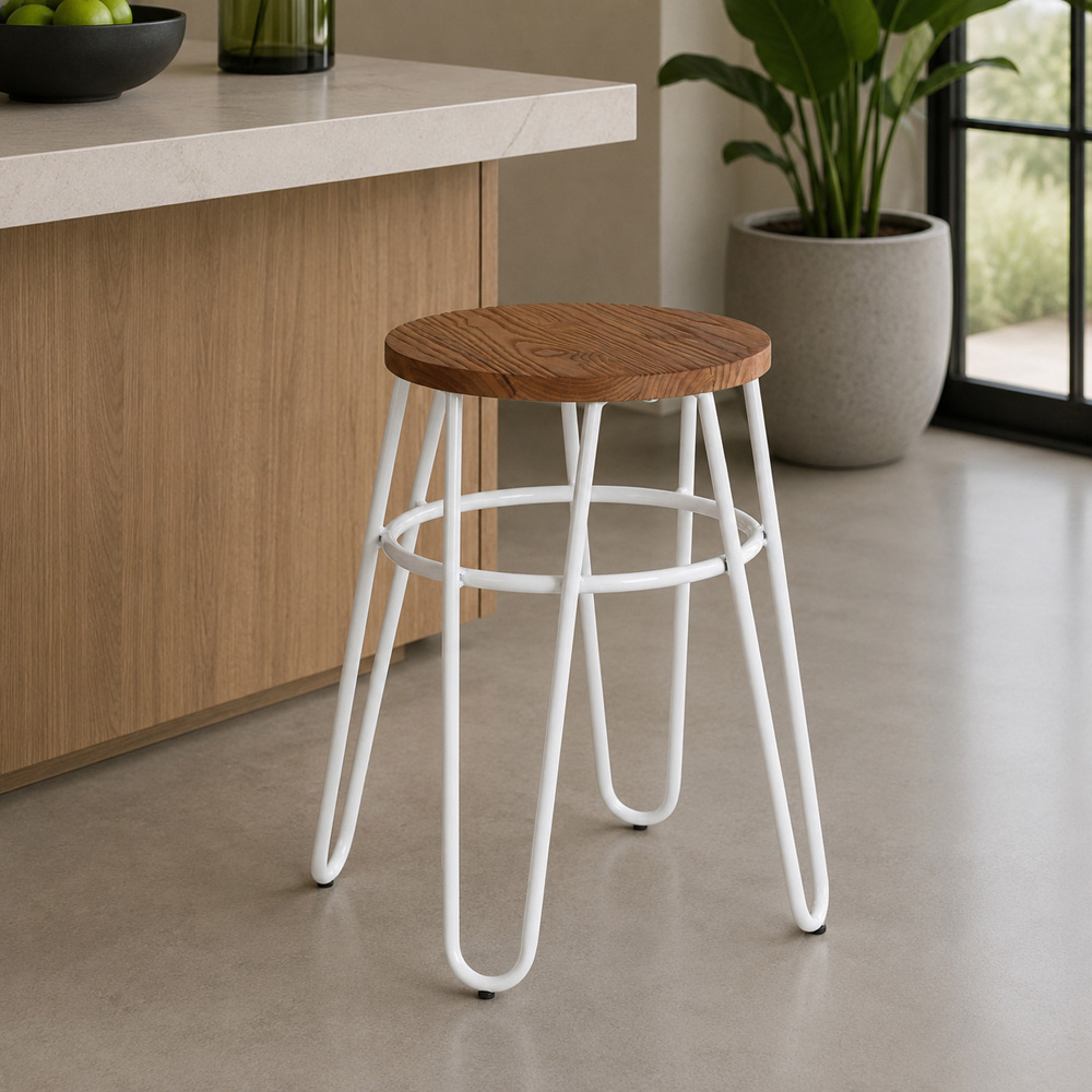 Premier Housewares District White and Brown Bar Stool with Hairpin Legs Image 4