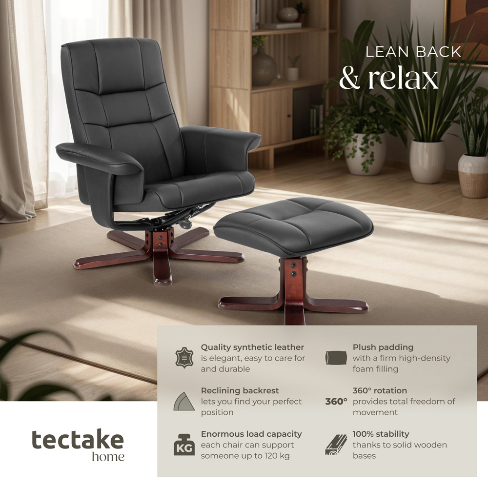 tectake Black Armchair with Adjustable Backrest and Stool Image 4