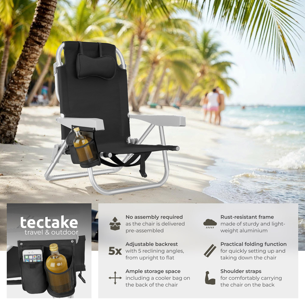 tectake Coral Black Foldable Beach Chair with Backpack Image 3