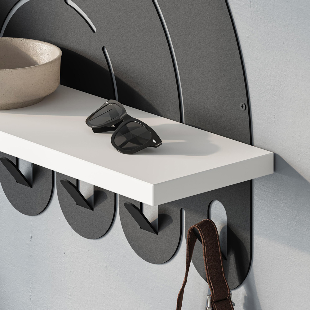 Decortie Black and White Rainbow Wall Hanger with 6 Hooks and Display Shelf Image 3