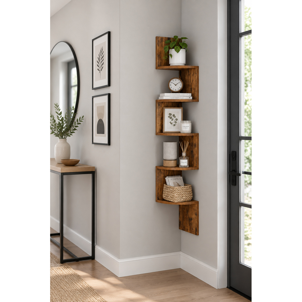 Modcraft 5 Shelf Rustic Brown Zigzag Floating Corner Wall Shelf Image 4