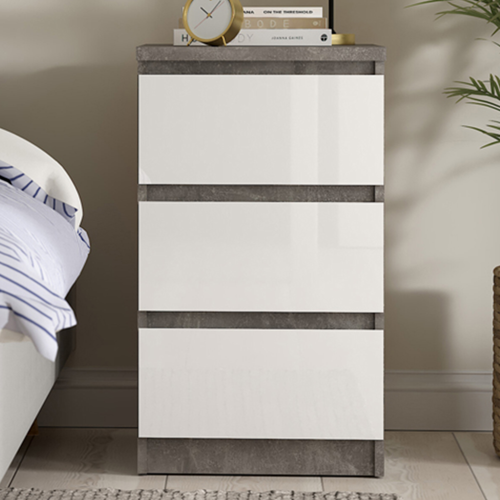 Florence 3 Drawer Concrete and White High Gloss Bedside Table Image 1