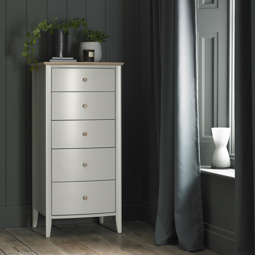 Bentley Designs Whitby 5 Drawer Scandi Oak and Soft Grey Tall Chest of Drawer Image 3