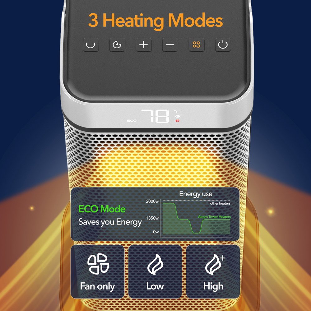 Air Pro Black and Grey Portable Electric Tower Space Heater with LED Display and Remote 2000W Image 6