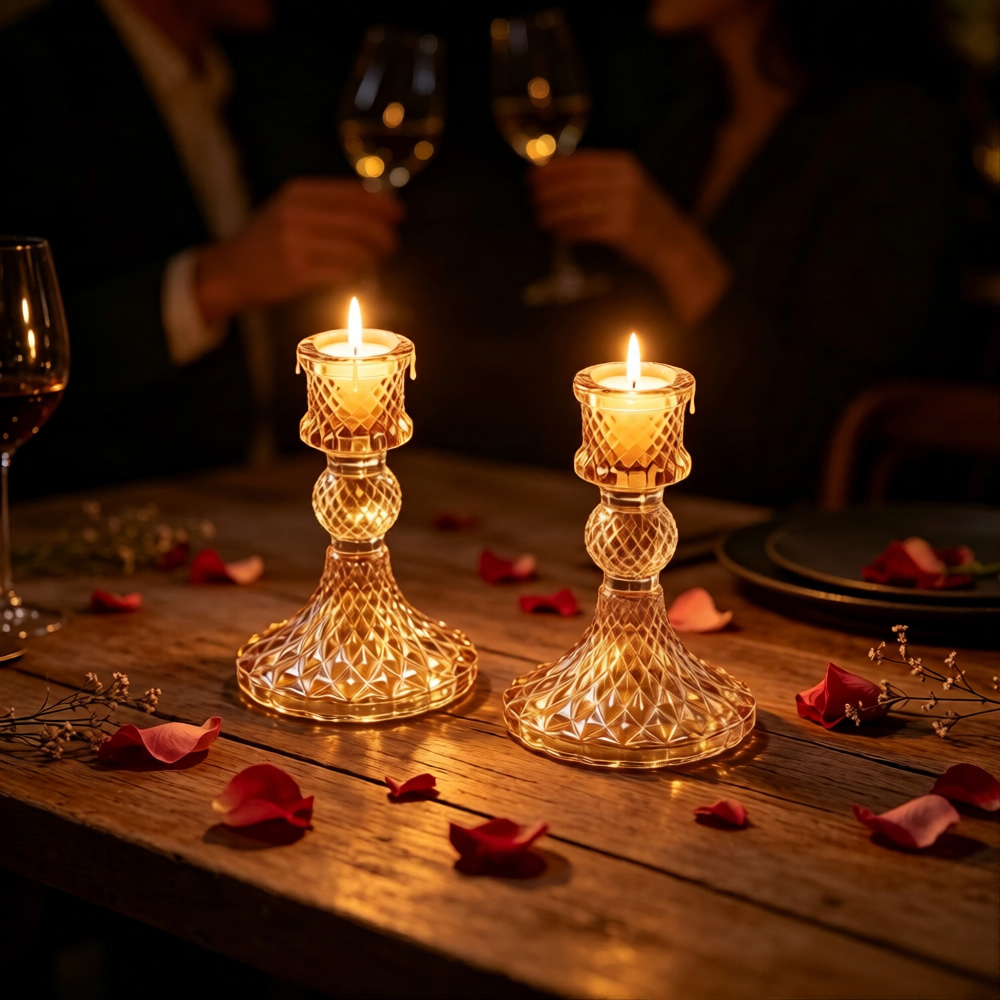 Living and Home Amber Glass Candlestick Holder Set of 2 Image 8