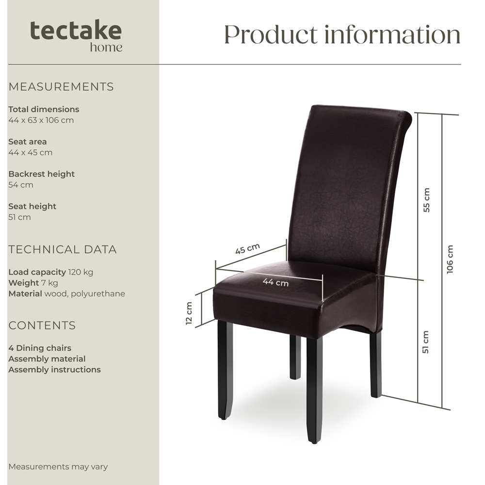 tectake Set of 4 Brown Faux Leather High Backrest Dining Chair Image 9