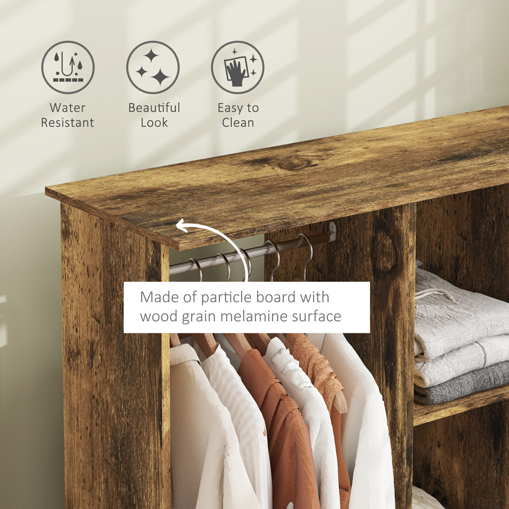 Portland 3 Shelf Rustic Brown Double Open Wardrobe with Hanging Rail Image 6