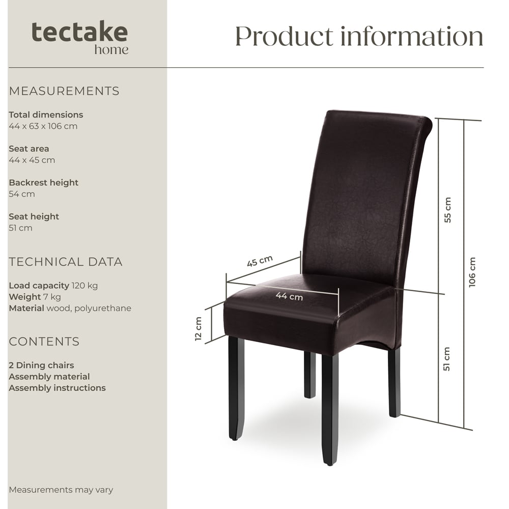 tectake Set of 2 Brown Faux Leather High Backrest Dining Chair Image 9