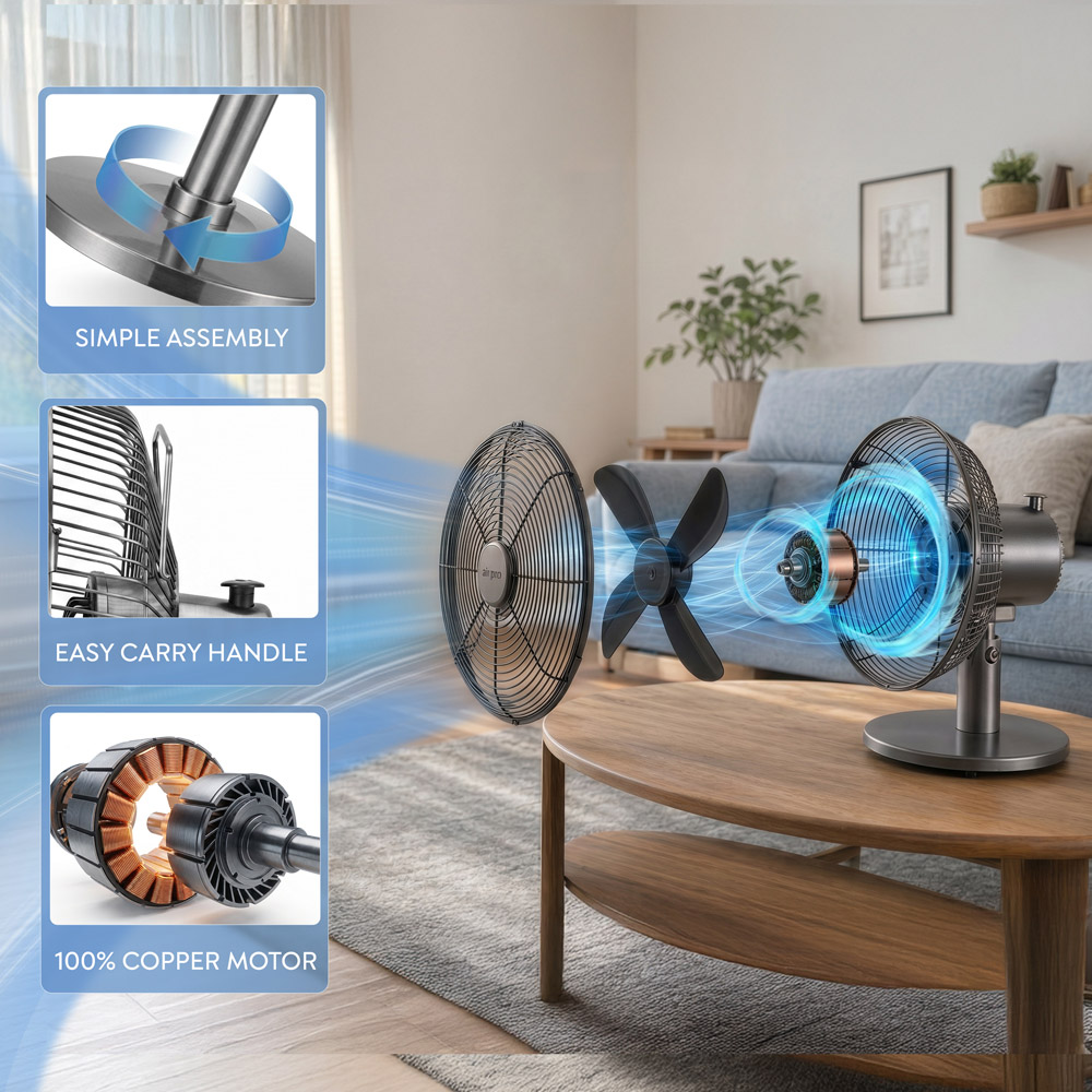 Air Pro Grey Brushed Portable Oscillating Metal Table Fan 12 inch Image 5