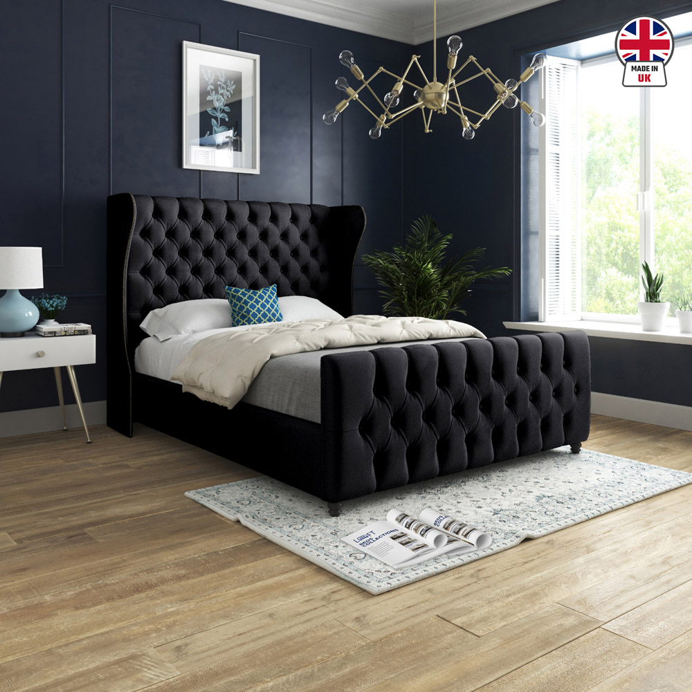 Donati Black Super King Size Velvet Upholstered Bed Frame with Straight Curved Top Headboard Image 6