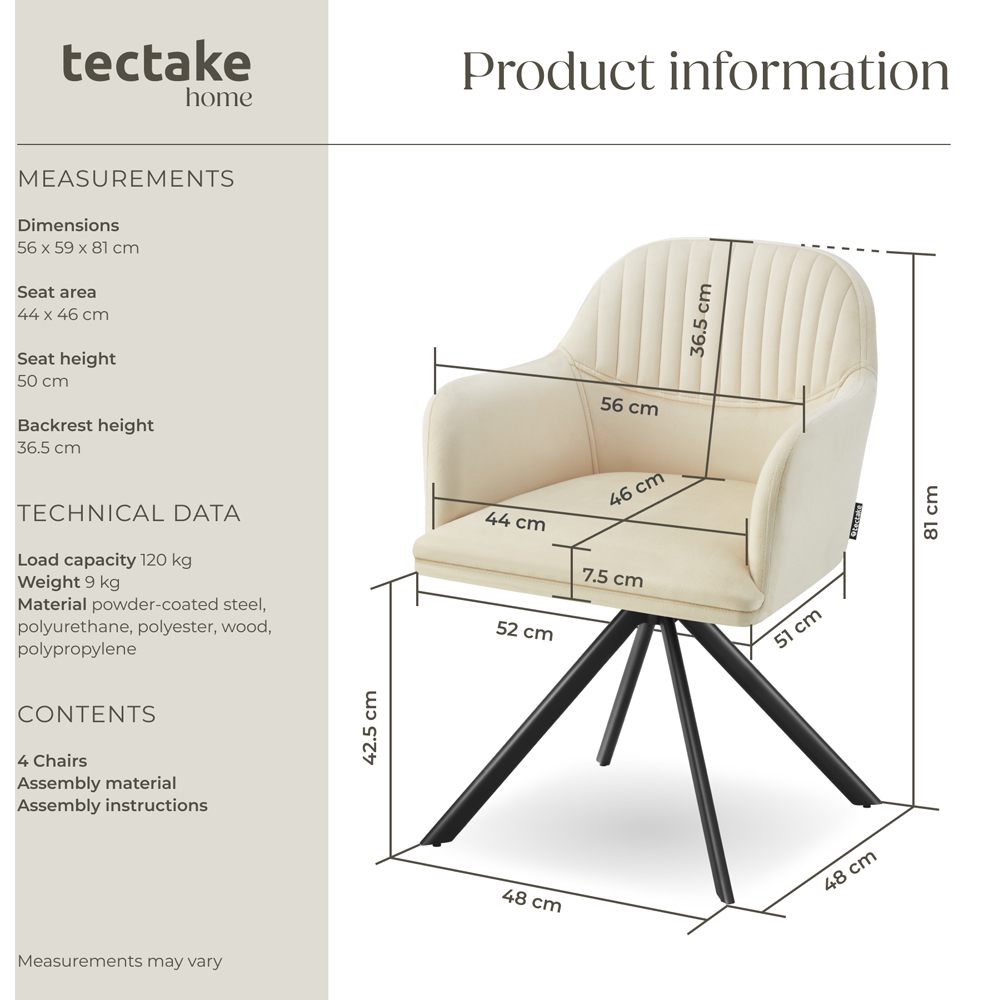 tectake Set of 4 Cream and Black Velvet Swivel Accent Armchair Image 9