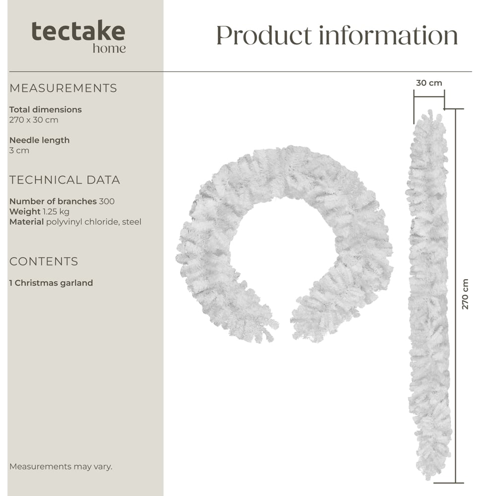 tectake White Lifelike Artificial Christmas Garland 2.7m Image 9