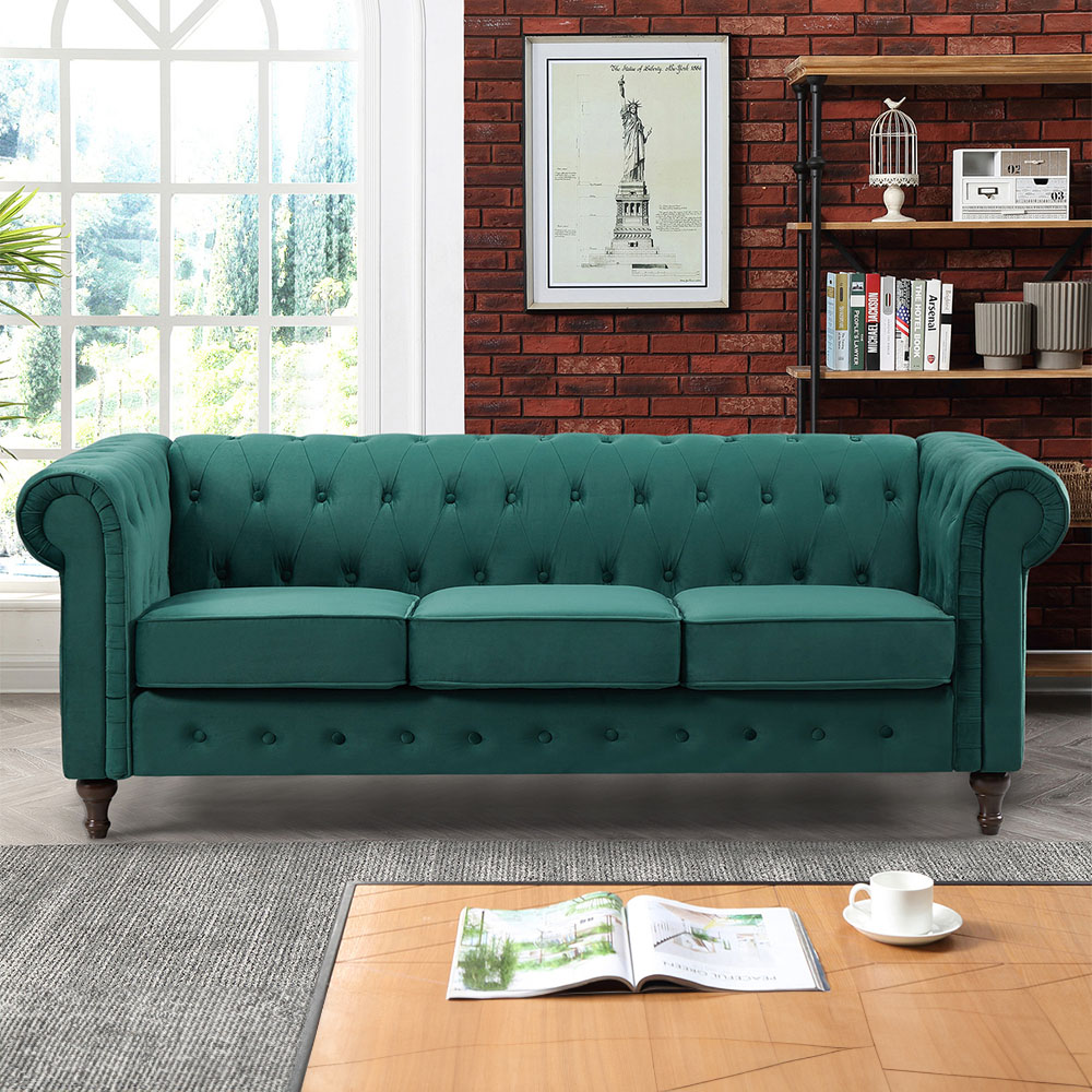 Pelham 3 Seater Green Velvet Sofa Image 1