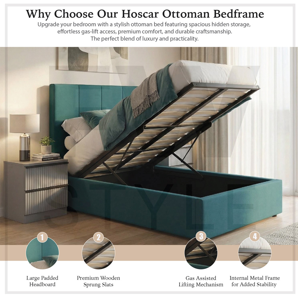 FWStyle Hoscar Double Dolphin Blue Upholstered Lift-Up Ottoman Bed Frame with Ribbed Headboard Image 7