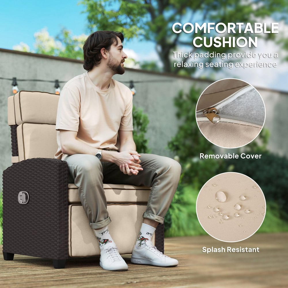 Outsunny Dark Brown and Khaki Rattan Garden Recliner Sun Lounger with Flip Table Image 7