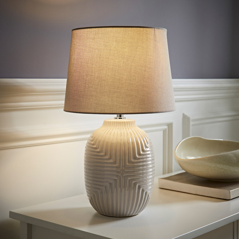 ValueLights Harrison Tapered Shade Grey Geo Ribbed Pattern Gloss Medium LED Table Lamp Image 2