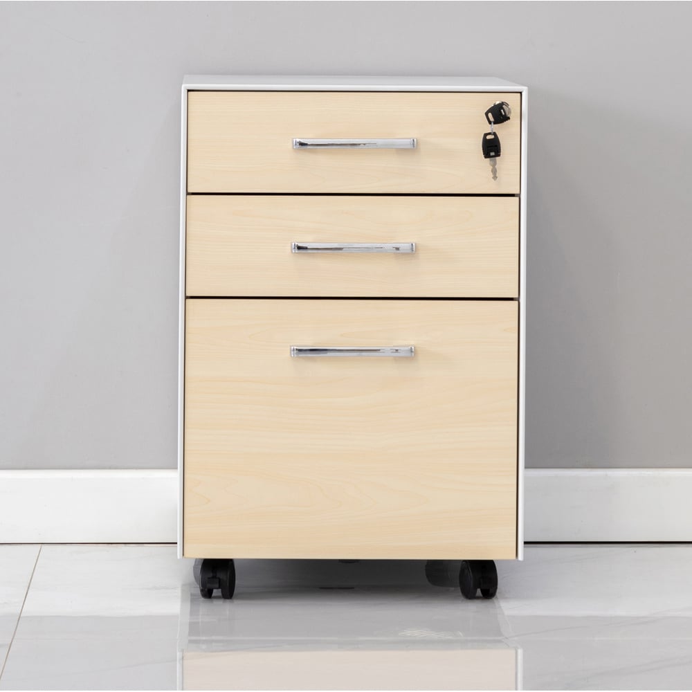 MMT Furniture Designs 3 Drawer White and Beech Mobile Pedestal Under Desk Storage Cabinet Image 4