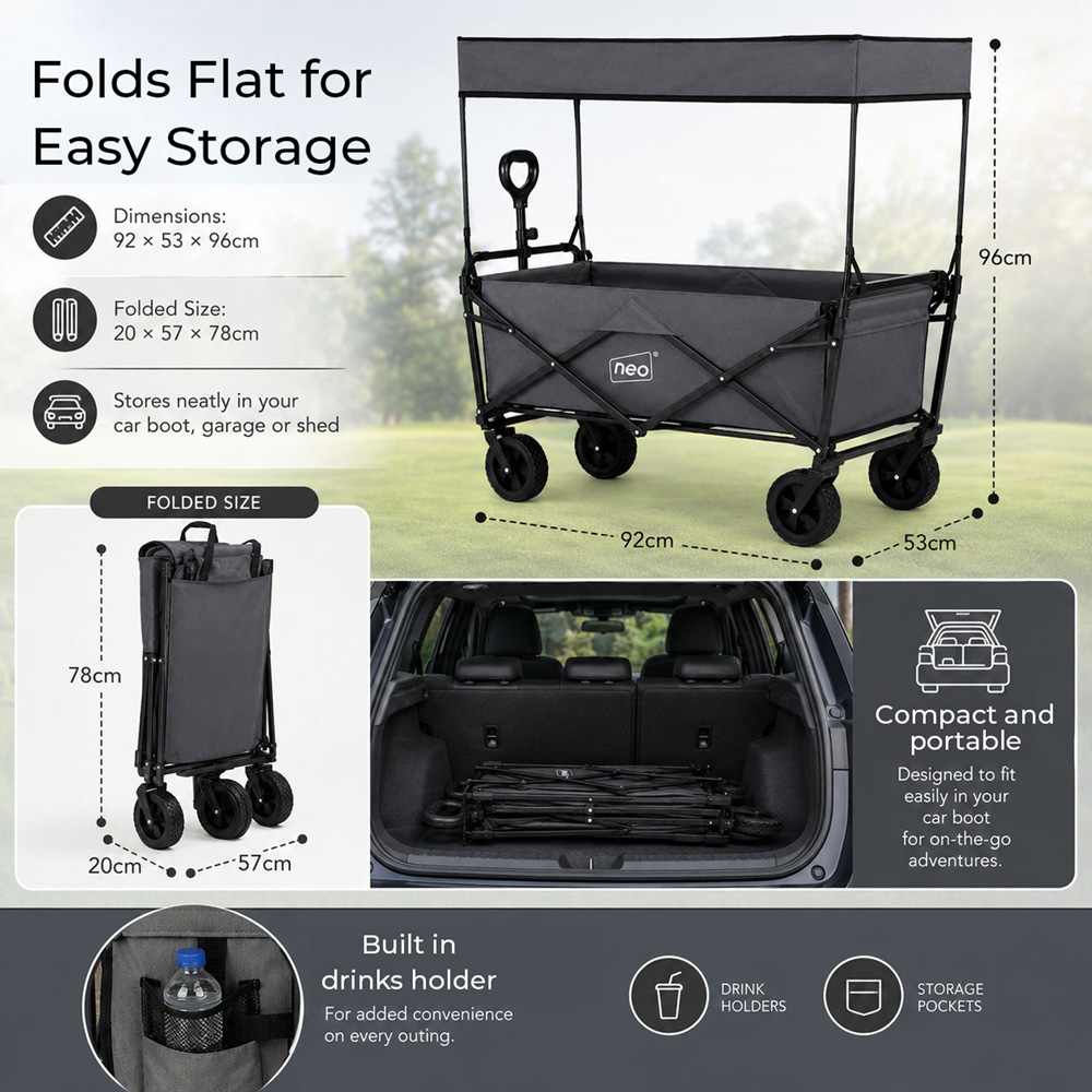Neo Direct 140L Grey Heavy Duty Folding Garden Trolley Cart with Canopy Image 9