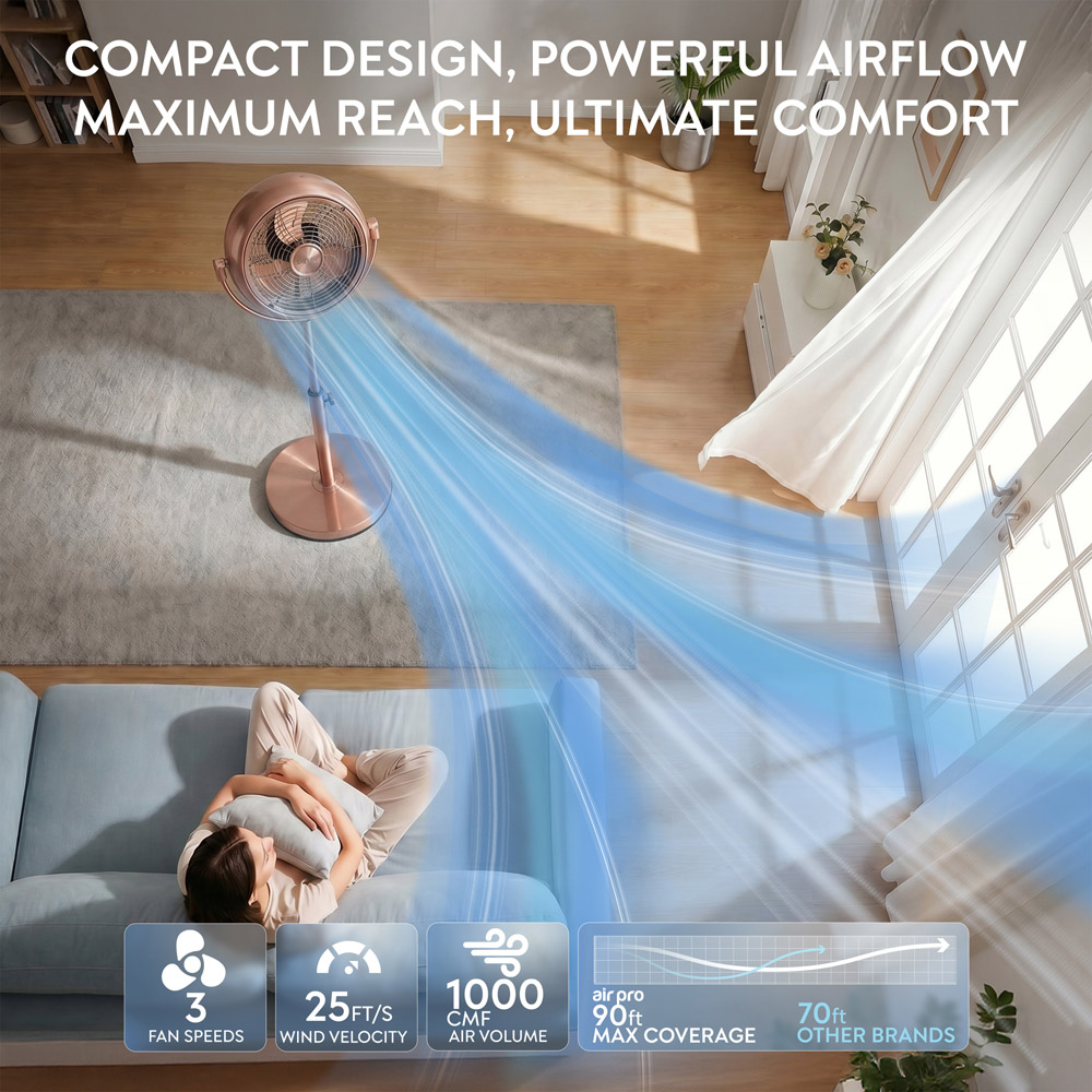 Air Pro Copper Brushed Height Adjustable Oscillating Pedestal Standing Fan with Remote 8 inch Image 7