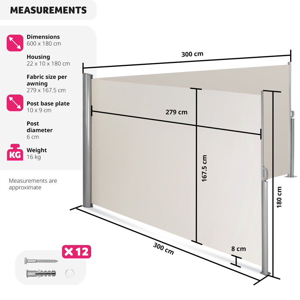 tectake Beige Double Sided Retractable Side Awning 1.8 x 6m Image 9